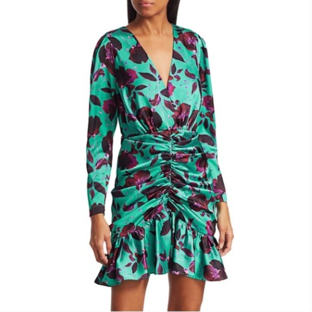 Delfi Collective Toni Teal & Purple Floral Ruched Long Sleeve Mini Dress Sz S